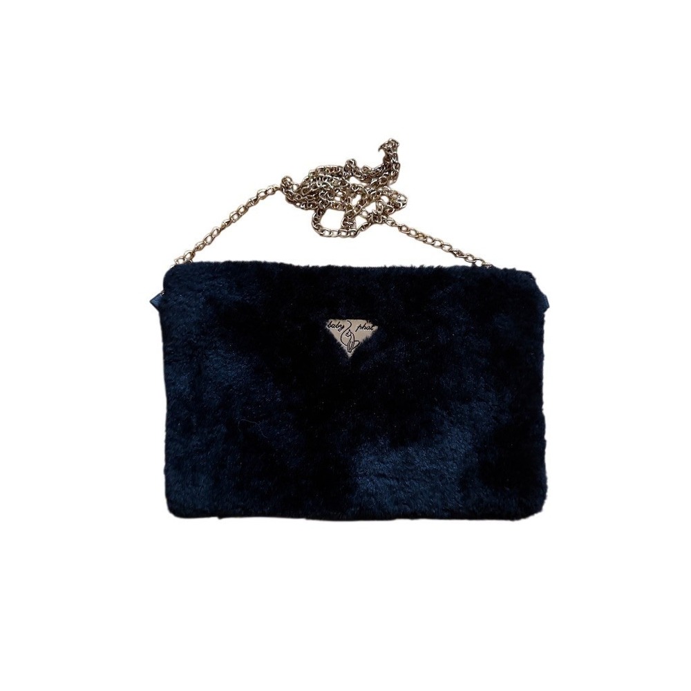 Baby Phat Clutch Purse Womens Medium Black Gold Chain Strap Zip Top Y2K faux fur